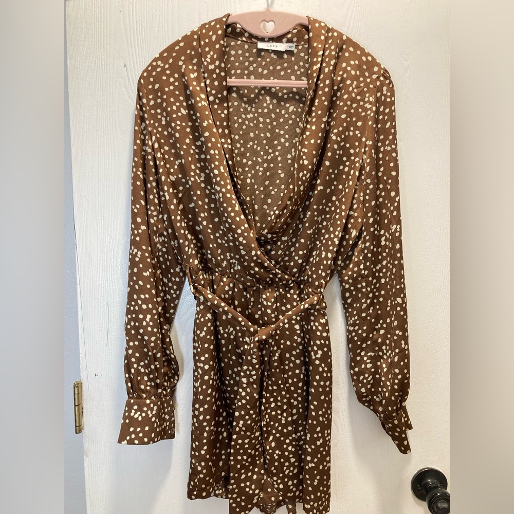 LUSH Satin Brown and White Romper. Small